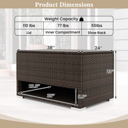 Brown PE rattan outdoor storage bin with waterproof liner and open lid on a patio. — view 3