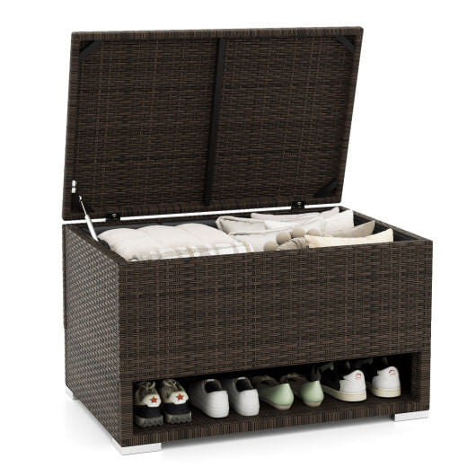 Brown PE rattan outdoor storage bin with waterproof liner and open lid on a patio. — view 5