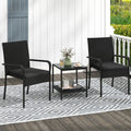 Black 3-piece PE rattan patio furniture set with seat cushions and tempered glass table