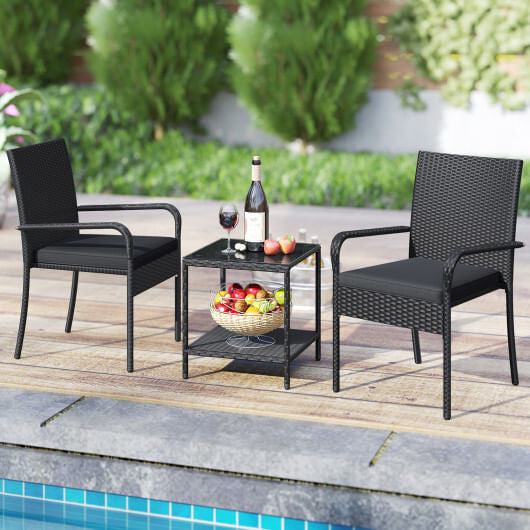 Black 3-piece PE rattan patio furniture set with seat cushions and tempered glass table — view 2