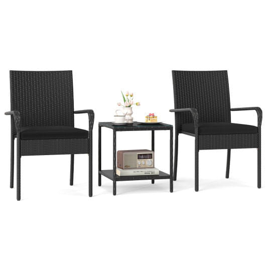 Black 3-piece PE rattan patio furniture set with seat cushions and tempered glass table — view 3