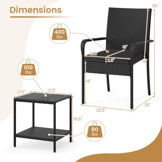Black 3-piece PE rattan patio furniture set with seat cushions and tempered glass table — view 4