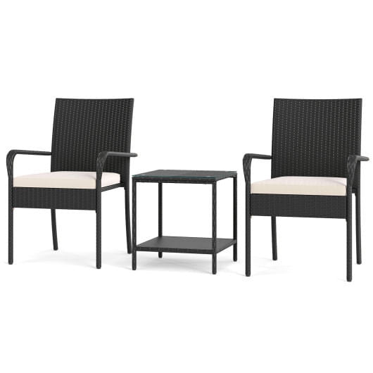 Black 3-piece PE rattan patio furniture set with seat cushions and tempered glass table — view 5