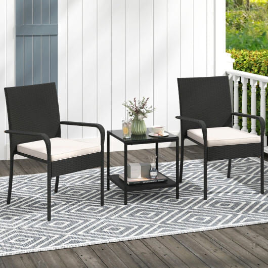 Black 3-piece PE rattan patio furniture set with seat cushions and tempered glass table — view 6