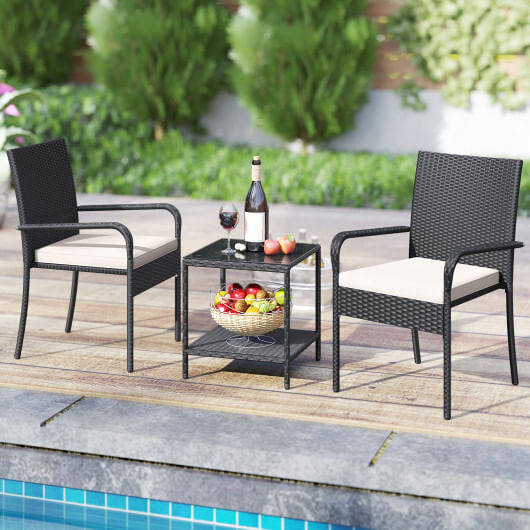 Black 3-piece PE rattan patio furniture set with seat cushions and tempered glass table — view 7