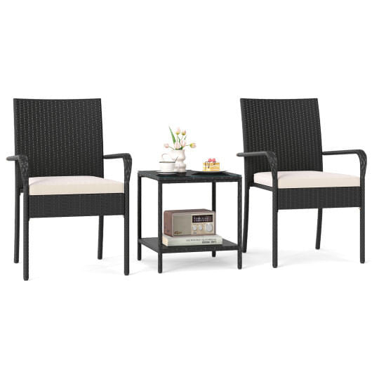 Black 3-piece PE rattan patio furniture set with seat cushions and tempered glass table — view 8