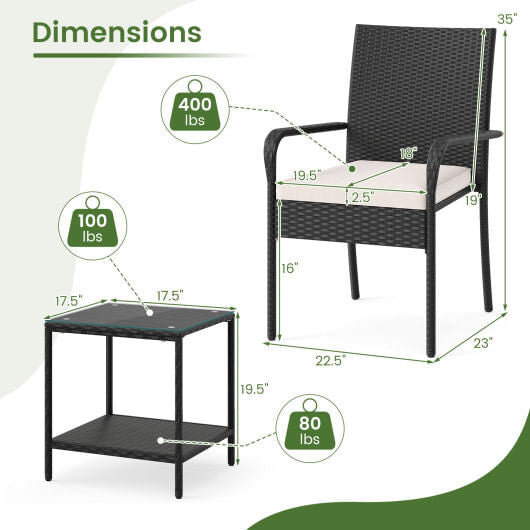 Black 3-piece PE rattan patio furniture set with seat cushions and tempered glass table — view 9