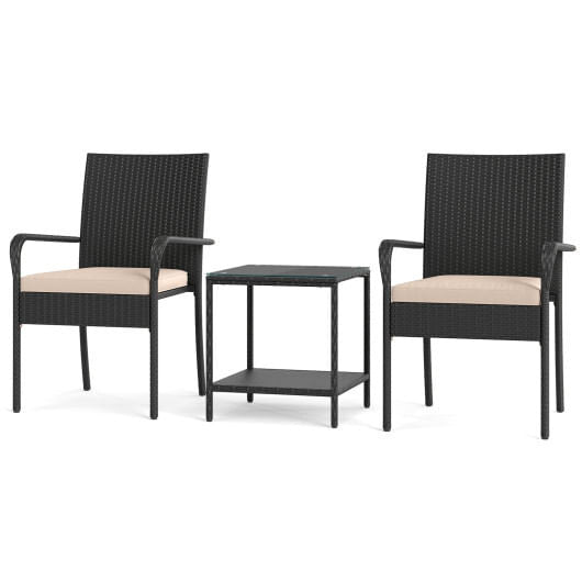 Black 3-piece PE rattan patio furniture set with seat cushions and tempered glass table — view 10
