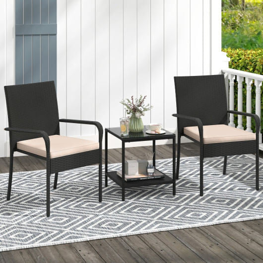 Black 3-piece PE rattan patio furniture set with seat cushions and tempered glass table — view 11