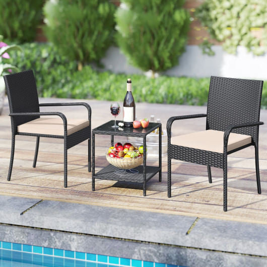 Black 3-piece PE rattan patio furniture set with seat cushions and tempered glass table — view 12