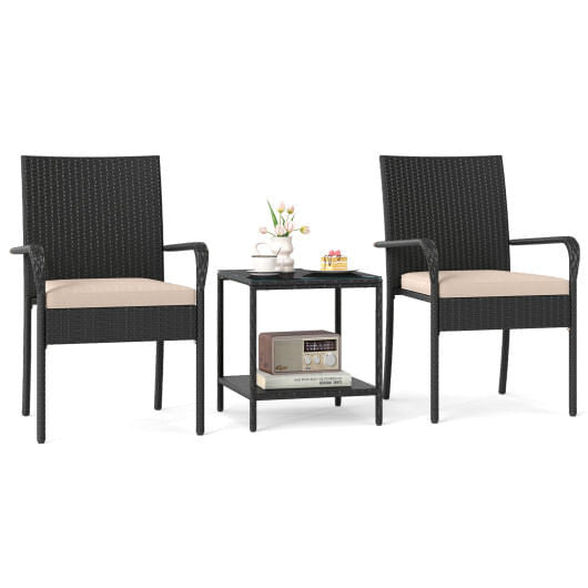 Black 3-piece PE rattan patio furniture set with seat cushions and tempered glass table — view 13