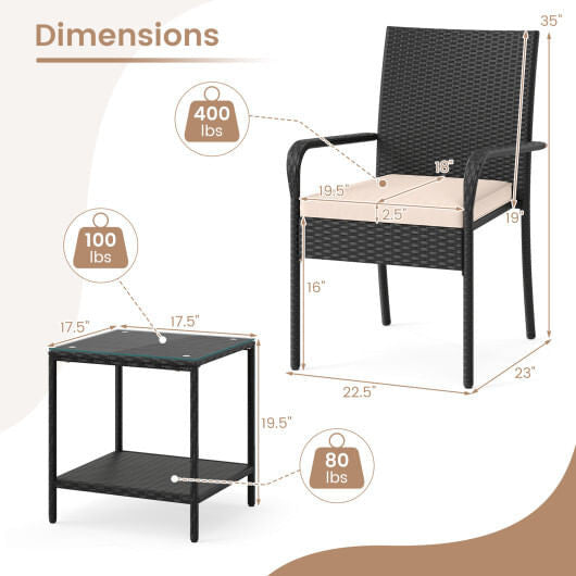 Black 3-piece PE rattan patio furniture set with seat cushions and tempered glass table — view 14