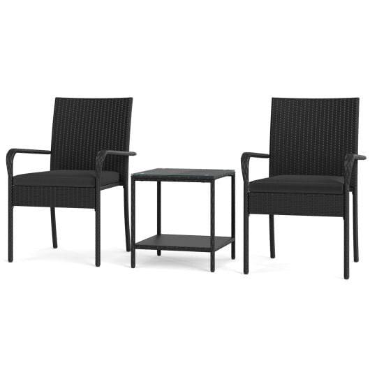 Black 3-piece PE rattan patio furniture set with seat cushions and tempered glass table — view 15
