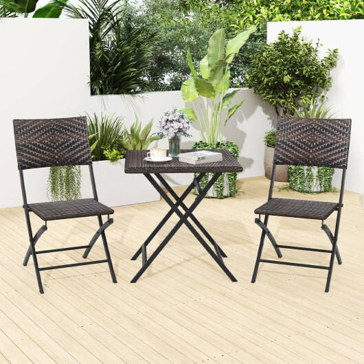 3 piece brown rattan bistro set with folding dining table and two ergonomic wicker chairs — view 2