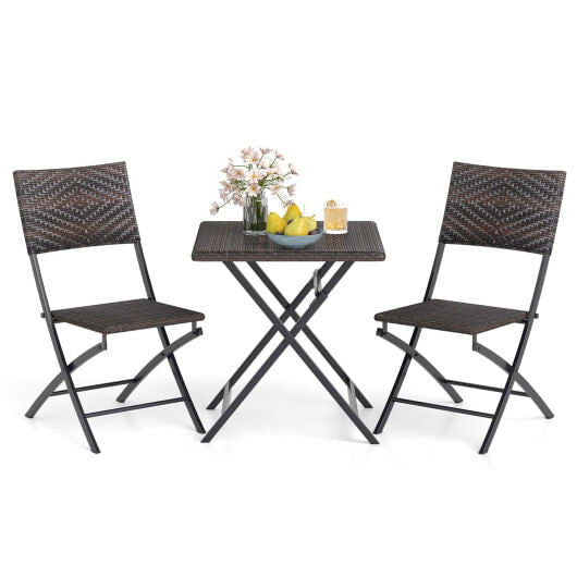 3 piece brown rattan bistro set with folding dining table and two ergonomic wicker chairs — view 3