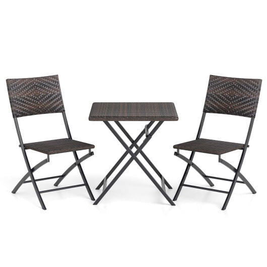 3 piece brown rattan bistro set with folding dining table and two ergonomic wicker chairs — view 5