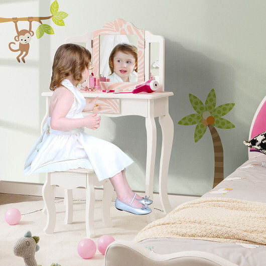 Pink and white zebra print kids vanity table set with tri-folding mirror and crystal knob — view 2