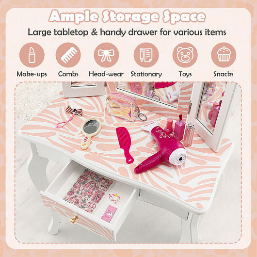 Pink and white zebra print kids vanity table set with tri-folding mirror and crystal knob — view 4