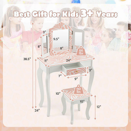 Pink and white zebra print kids vanity table set with tri-folding mirror and crystal knob — view 5