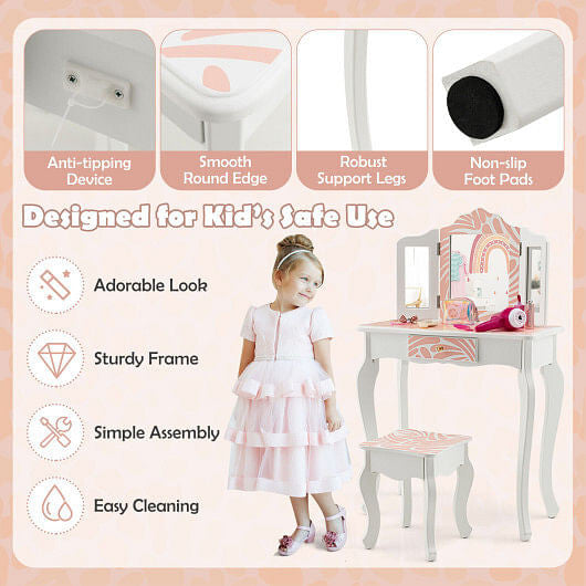 Pink and white zebra print kids vanity table set with tri-folding mirror and crystal knob — view 3