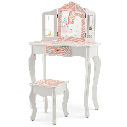 Pink and white zebra print kids vanity table set with tri-folding mirror and crystal knob