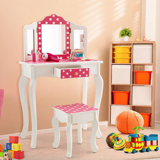 Pink kids vanity table and stool set with polka dot print and tri-folding mirror — view 2