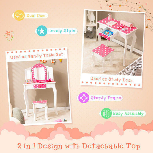 Pink kids vanity table and stool set with polka dot print and tri-folding mirror — view 4