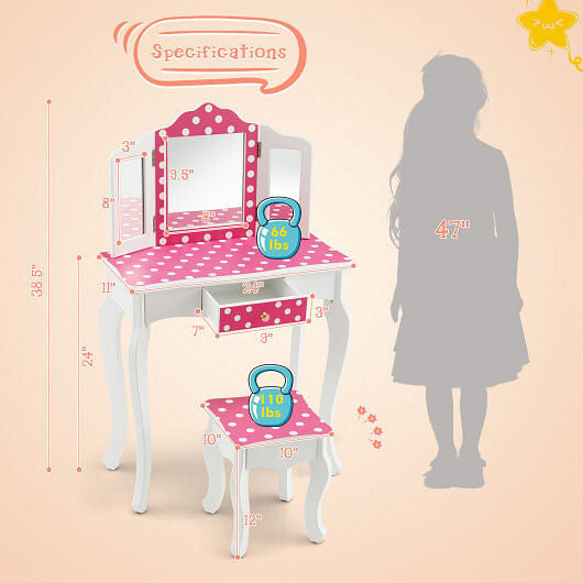 Pink kids vanity table and stool set with polka dot print and tri-folding mirror — view 5