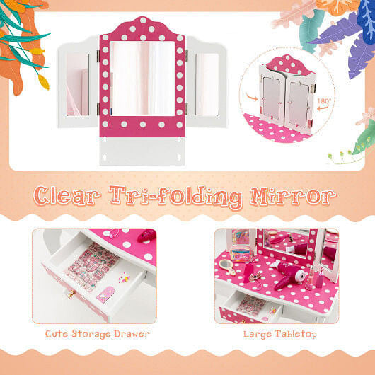 Pink kids vanity table and stool set with polka dot print and tri-folding mirror — view 3