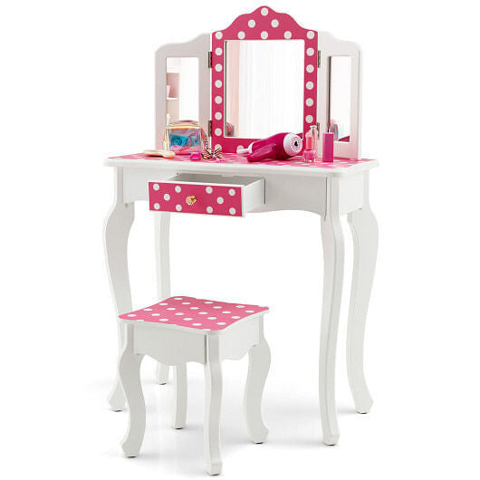 Pink kids vanity table and stool set with polka dot print and tri-folding mirror