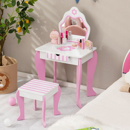 White wooden 2-in-1 toddler vanity set with detachable mirror, storage drawer, and cute flower patterns. — view 2