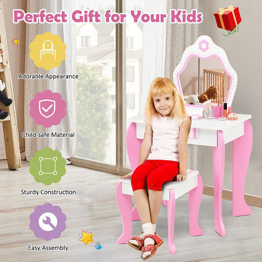White wooden 2-in-1 toddler vanity set with detachable mirror, storage drawer, and cute flower patterns. — view 4