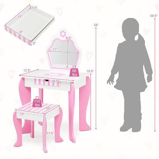 White wooden 2-in-1 toddler vanity set with detachable mirror, storage drawer, and cute flower patterns. — view 5
