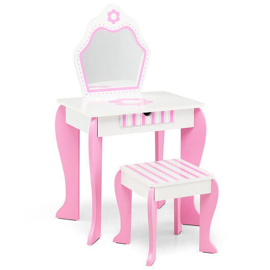White wooden 2-in-1 toddler vanity set with detachable mirror, storage drawer, and cute flower patterns.