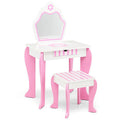 White wooden 2-in-1 toddler vanity set with detachable mirror, storage drawer, and cute flower patterns.