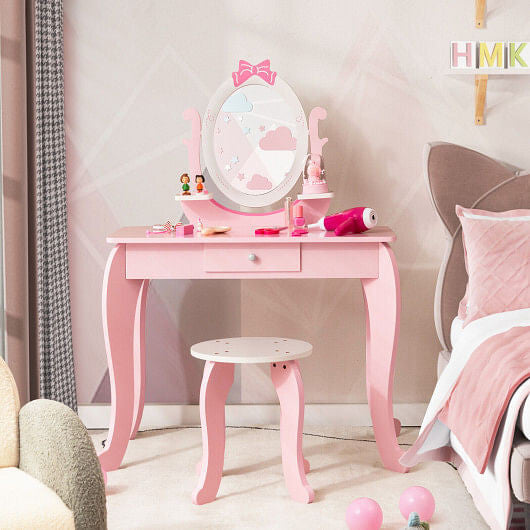 Pink kid vanity table and stool set with oval rotatable mirror, shelves, and storage drawer — view 2