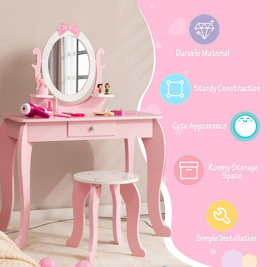 Pink kid vanity table and stool set with oval rotatable mirror, shelves, and storage drawer — view 4