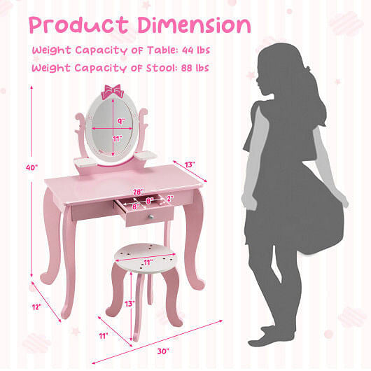 Pink kid vanity table and stool set with oval rotatable mirror, shelves, and storage drawer — view 5