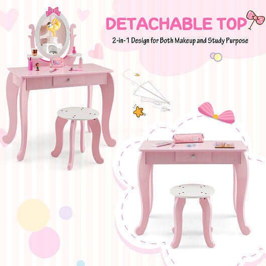Pink kid vanity table and stool set with oval rotatable mirror, shelves, and storage drawer — view 3