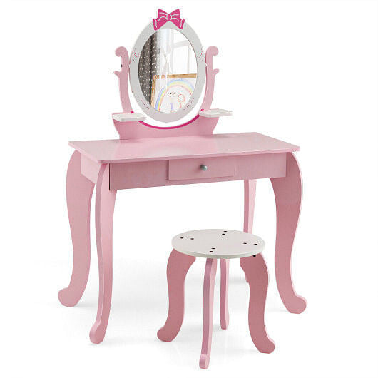 Pink kid vanity table and stool set with oval rotatable mirror, shelves, and storage drawer