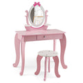 Pink kid vanity table and stool set with oval rotatable mirror, shelves, and storage drawer