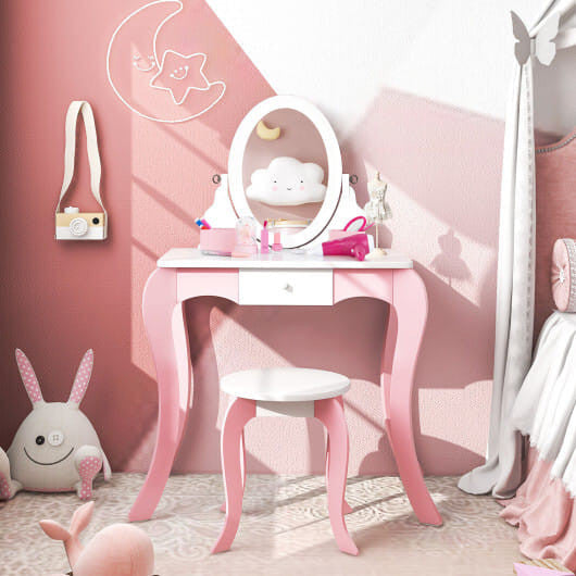 Kids pretend play vanity table with rotating acrylic mirror, whiteboard, storage compartments, and toy accessories