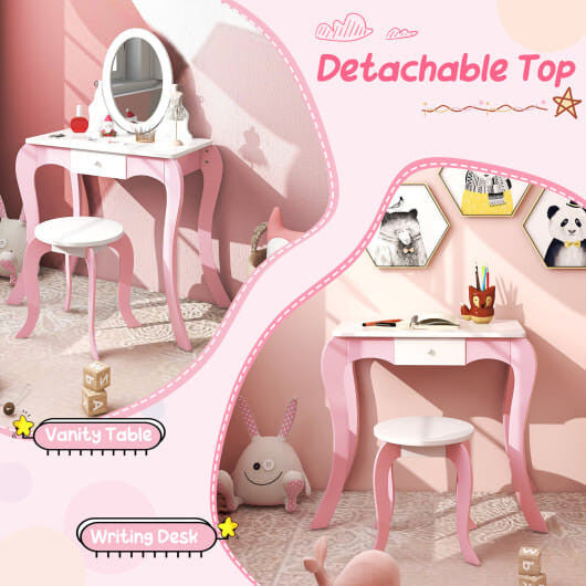 Kids pretend play vanity table with rotating acrylic mirror, whiteboard, storage compartments, and toy accessories — view 2