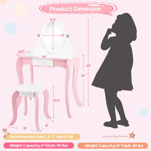 Kids pretend play vanity table with rotating acrylic mirror, whiteboard, storage compartments, and toy accessories — view 3