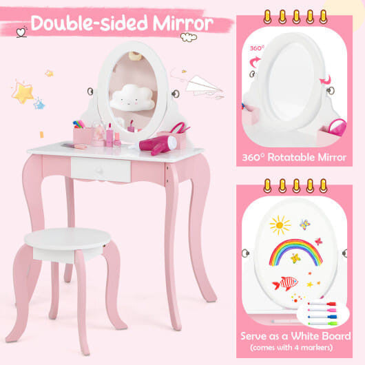 Kids pretend play vanity table with rotating acrylic mirror, whiteboard, storage compartments, and toy accessories — view 4