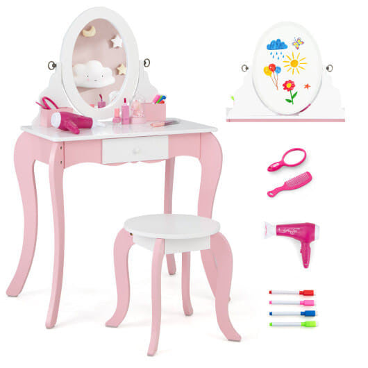 Kids pretend play vanity table with rotating acrylic mirror, whiteboard, storage compartments, and toy accessories — view 5