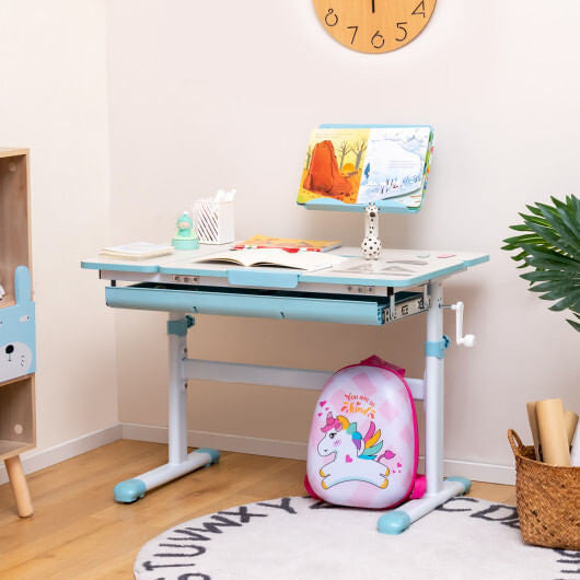 Blue height-adjustable kids desk with a tilting tabletop, built-in book stand, and pull-out storage drawer