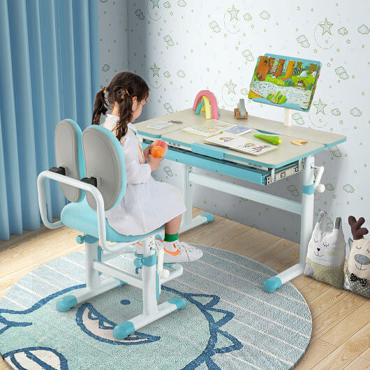 Blue height-adjustable kids desk with a tilting tabletop, built-in book stand, and pull-out storage drawer — view 2