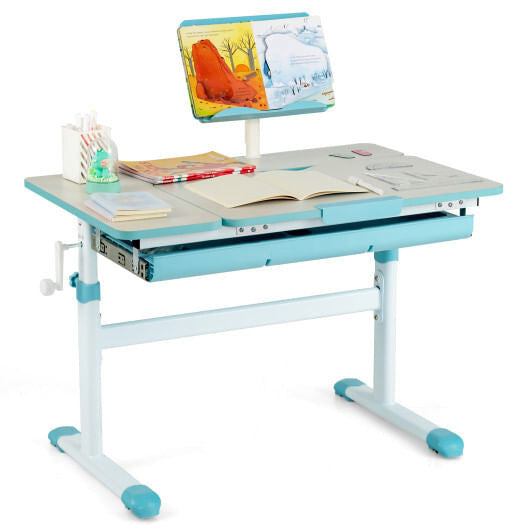 Blue height-adjustable kids desk with a tilting tabletop, built-in book stand, and pull-out storage drawer — view 3