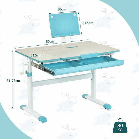 Blue height-adjustable kids desk with a tilting tabletop, built-in book stand, and pull-out storage drawer — view 4